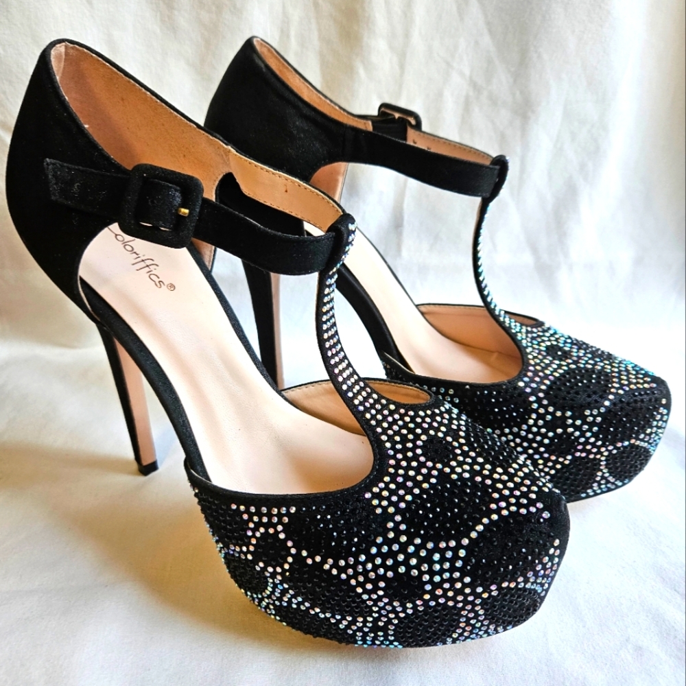 Coloriffics Kacey Women's Pumps Platform Heels T-strap Rhinestones Gems Size 9.